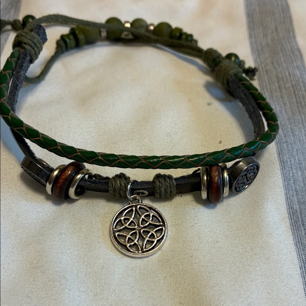 Celtic Green and Brown Braided Bracelet with Silver Charm